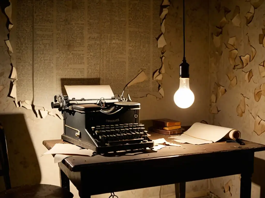 En un cuarto sombrío con una sola bombilla colgando del techo, se proyectan largas sombras sobre el papel tapiz descascarado