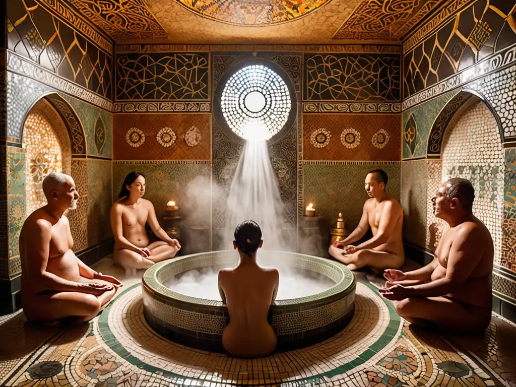 Un curandero realiza un ritual en un hammam, rodeado de mosaicos y luz cálida