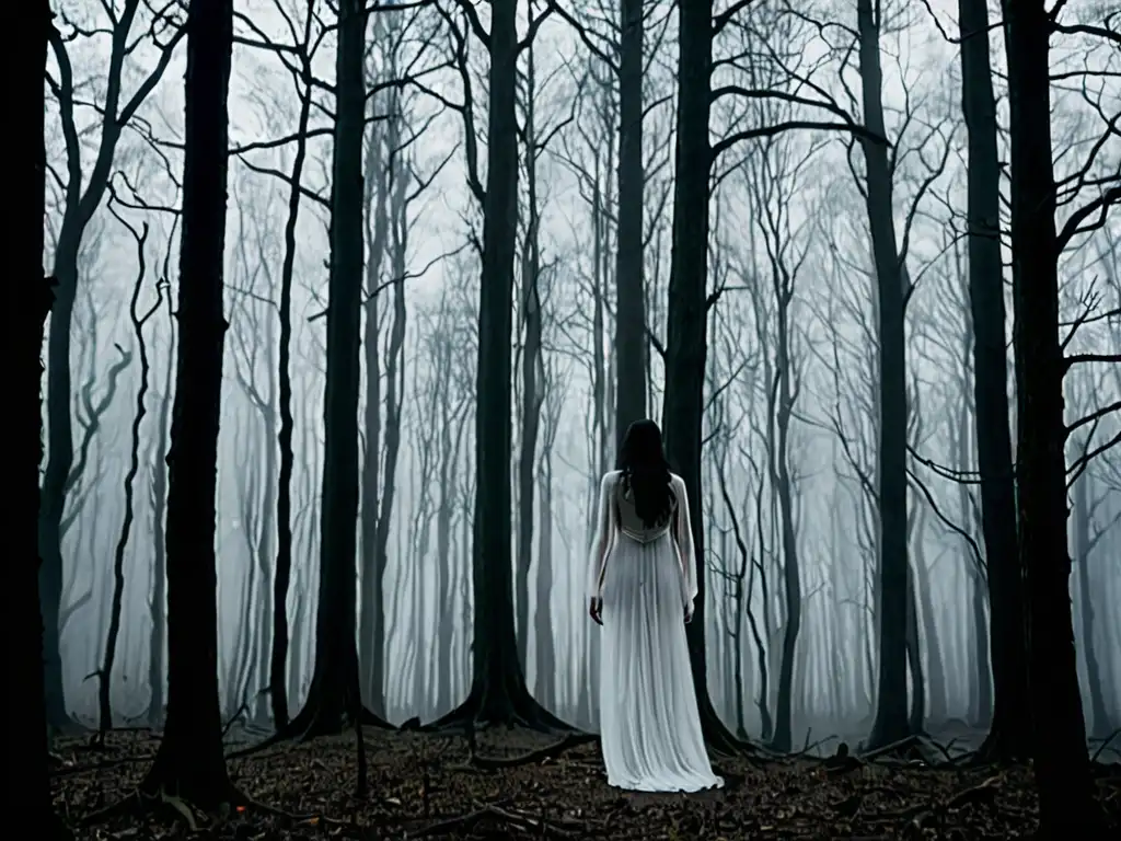 Dama de Blanco mitos y leyendas: Imagen de un bosque cubierto de niebla al anochecer, con una figura etérea en vestido blanco entre los árboles