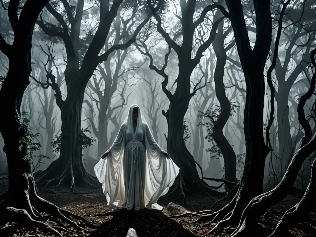 Dama de Blanco mitos y leyendas: Bosque neblinoso iluminado por la luna, figura etérea con expresión serena