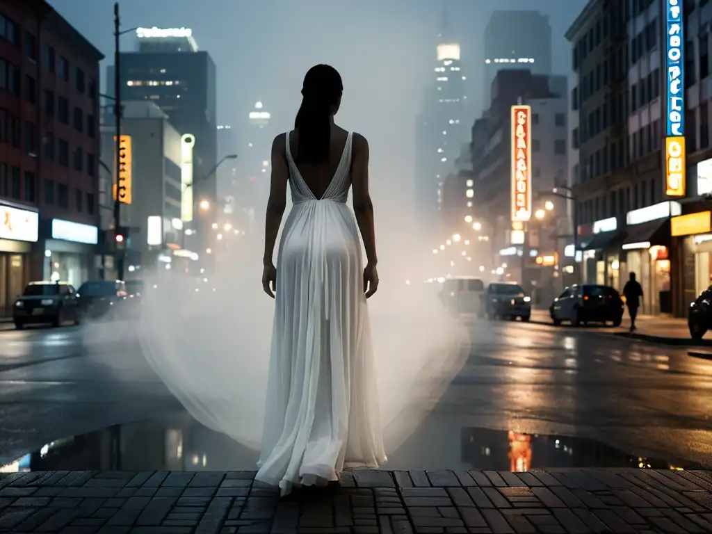 Dama de Blanco mitos y leyendas: Una figura etérea envuelta en niebla blanca, se alza en la ciudad nocturna, fusionando folclore y modernidad