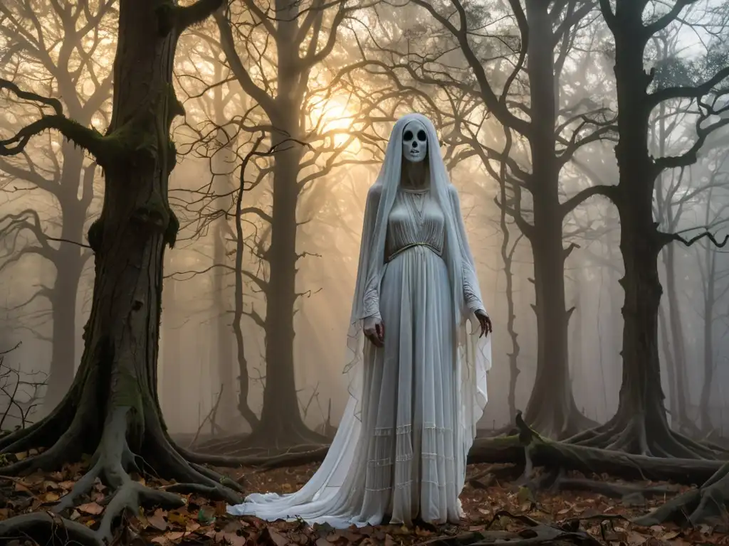 Dama de Blanco mitos y leyendas: figura etérea entre árboles neblinosos, bañada por la luz dorada del amanecer
