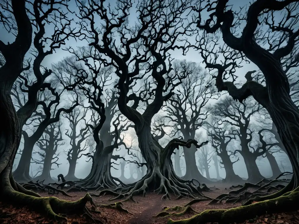 Dama de Blanco mitos y leyendas: Misterioso bosque cubierto de niebla al anochecer, con árboles retorcidos y sombras alargadas