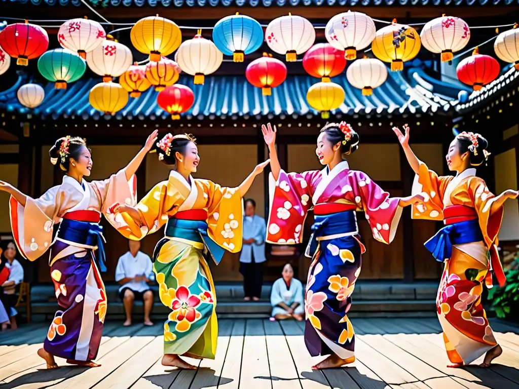 Danza tradicional en el Festival de Obon en Japón: coloridos trajes, movimientos armoniosos, ambiente festivo y admiradores asombrados