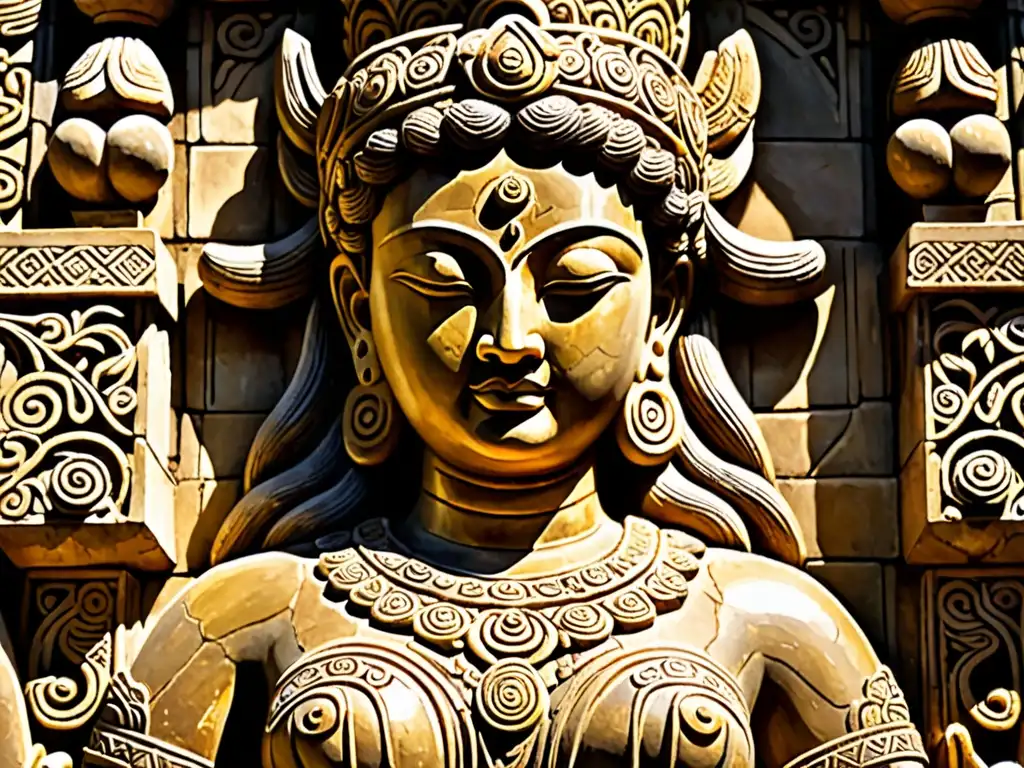 Deidad femenina en el empoderamiento: estatua de piedra tallada, bañada en luz dorada, emana poder y sabiduría