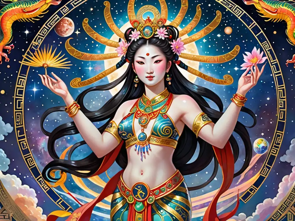 Nüwa, la deidad del mito chino, restaura el cielo con hilo dorado en un cosmos vibrante