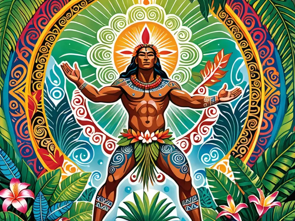 La deidad Tāne da vida al primer hombre en un paisaje exuberante, simbolizando la palabra sagrada en mitos de creación polinesios