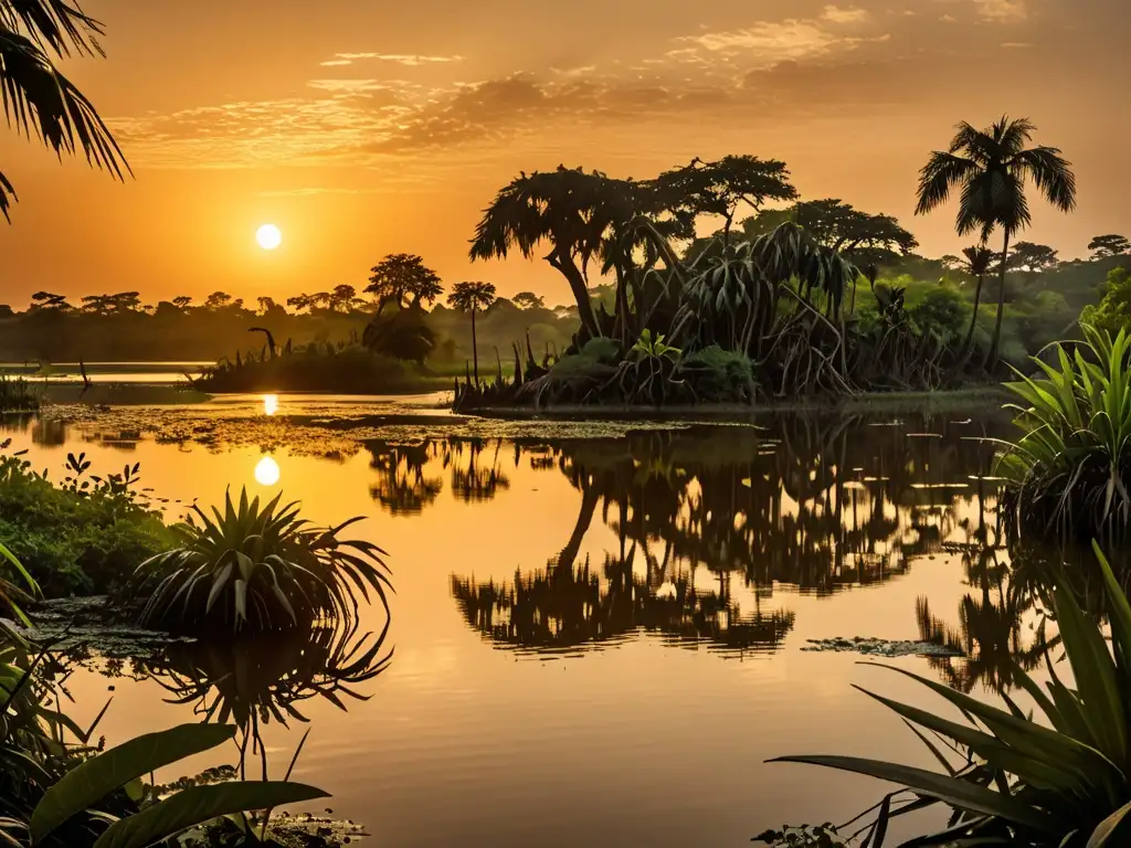 El Delta del Gambia al atardecer, con el sol dorado sobre el río serpenteante y la selva densa
