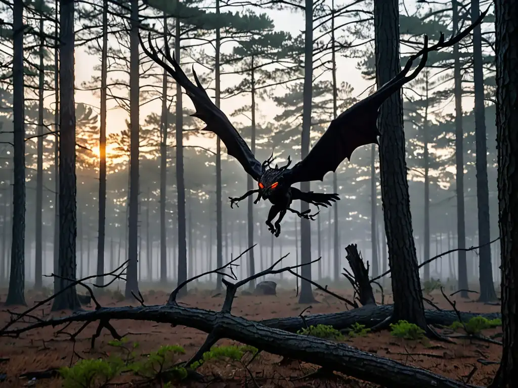 El Jersey Devil acecha en el denso y misterioso bosque de los Pinares de Nueva Jersey al amanecer, creando una atmósfera mítica y escalofriante