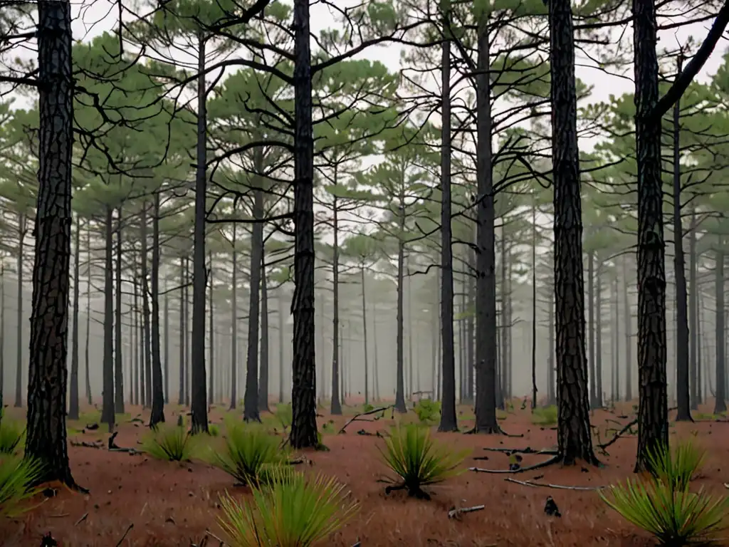 Un denso y misterioso bosque de pinos en Nueva Jersey, con niebla y árboles retorcidos