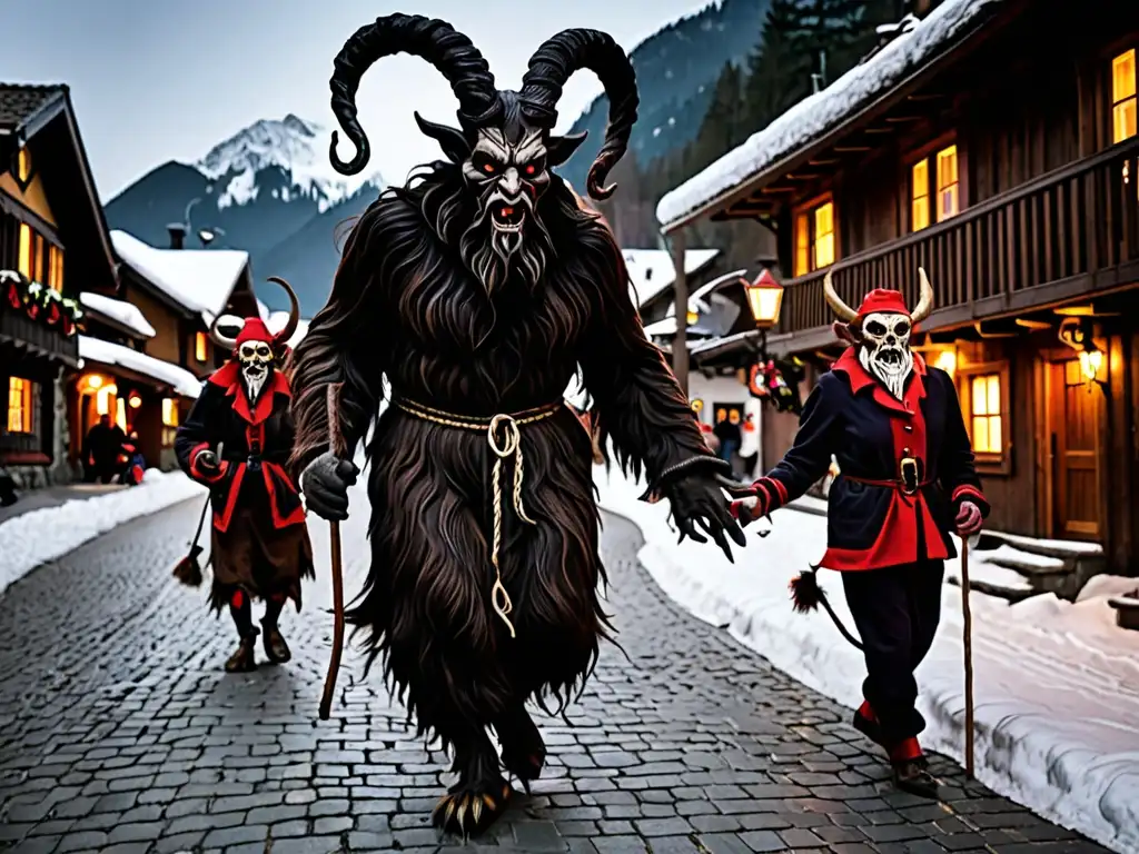 Desfile de Krampusnacht en los Alpes: misteriosa procesión de Krampus y espectadores bajo la luz de la luna en un pueblo alpino