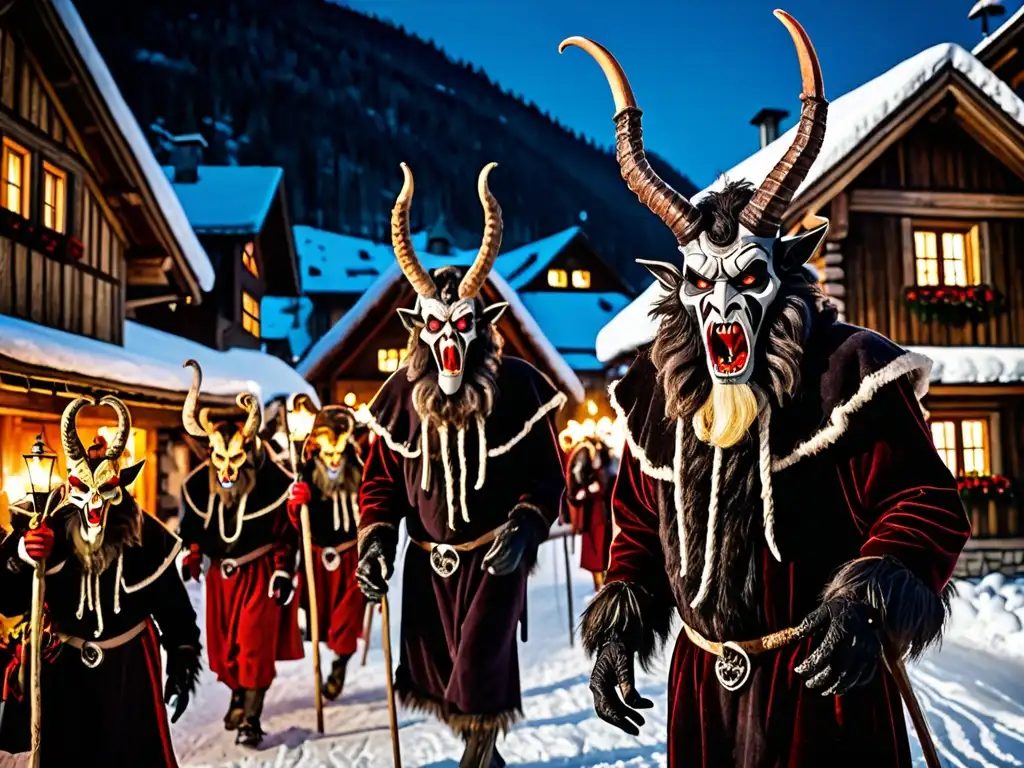 Desfile de Krampus con máscaras y trajes peludos en un pueblo nevado de los Alpes austriacos, iluminados por antorchas