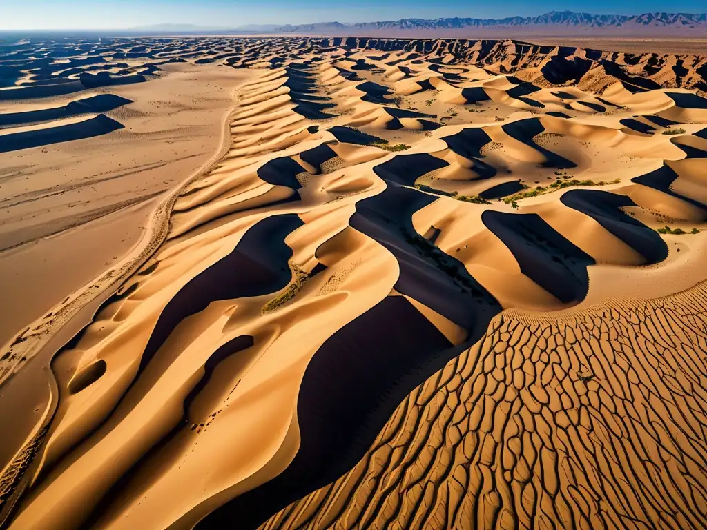 Desierto dorado con ruinas antiguas y palmeras, evocando tesoros Reyes Magos mitos leyendas en la misteriosa tierra