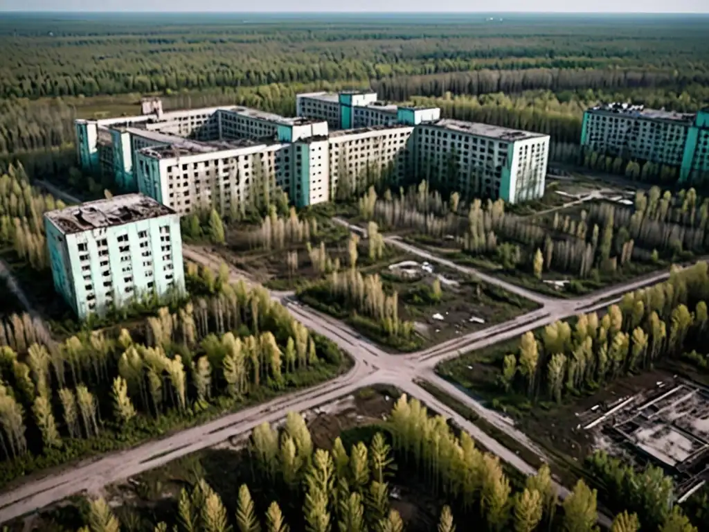 Desolación fantasmal: Chernobyl postapocalíptico Desolado paisaje de Chernóbil, con ruinas y vegetación, evocando apariciones de fantasmas en Chernóbil