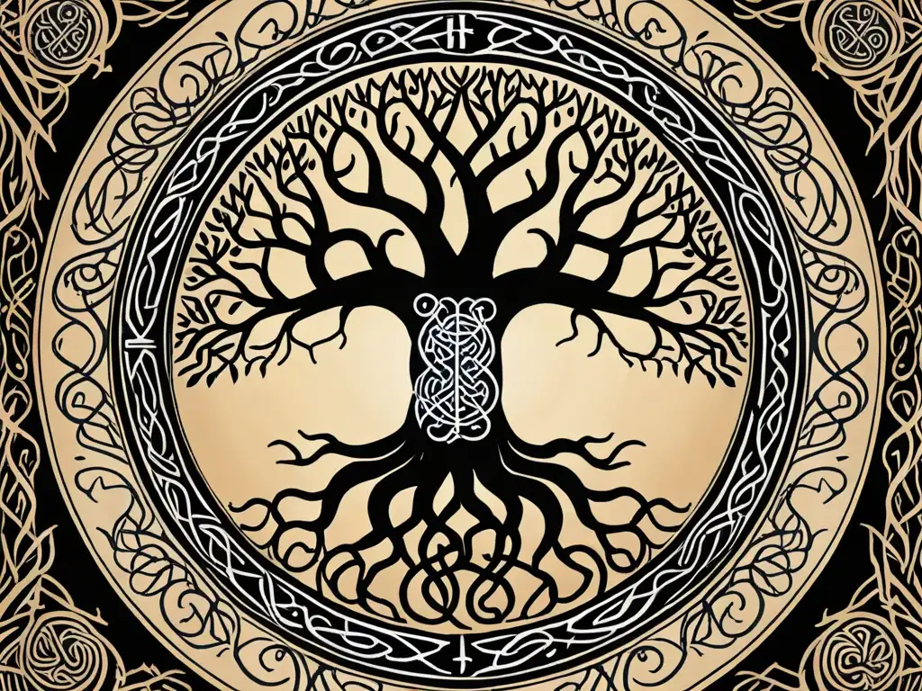 Detallada ilustración de Yggdrasil, el árbol de la vida nórdico, en un bosque oscuro y místico con raíces mitológicas Game of Thrones