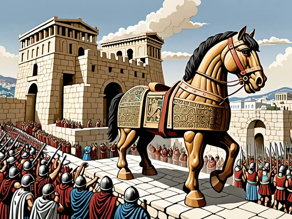 La ilustración detallada del Caballo de Troya, con soldados griegos escondidos, sobresale sobre los muros de la ciudad en una estrategia engaño guerra mitológica