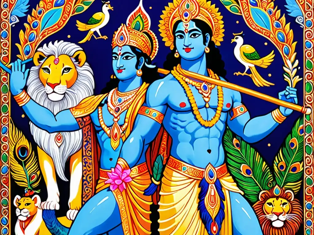 Detallada ilustración documental de Krishna y Hércules juntos, resaltando sus diferencias culturales y mitológicas