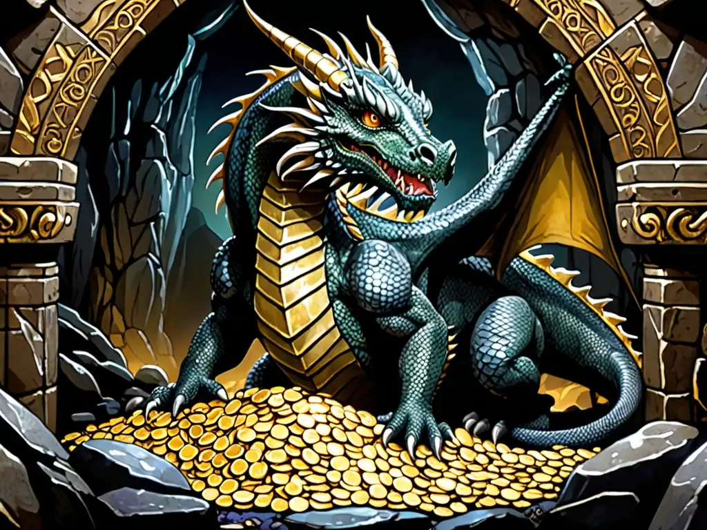 Detallada ilustración de Fafnir el dragón custodiando su tesoro en una cueva oscura y neblinosa, con sus escamas brillantes y ojos penetrantes