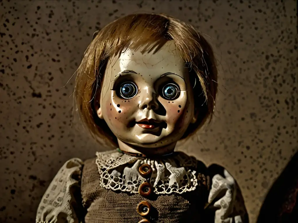 Detallada imagen en alta resolución de Robert the Doll, con una atmósfera ominosa que captura la maldición de Robert the Doll
