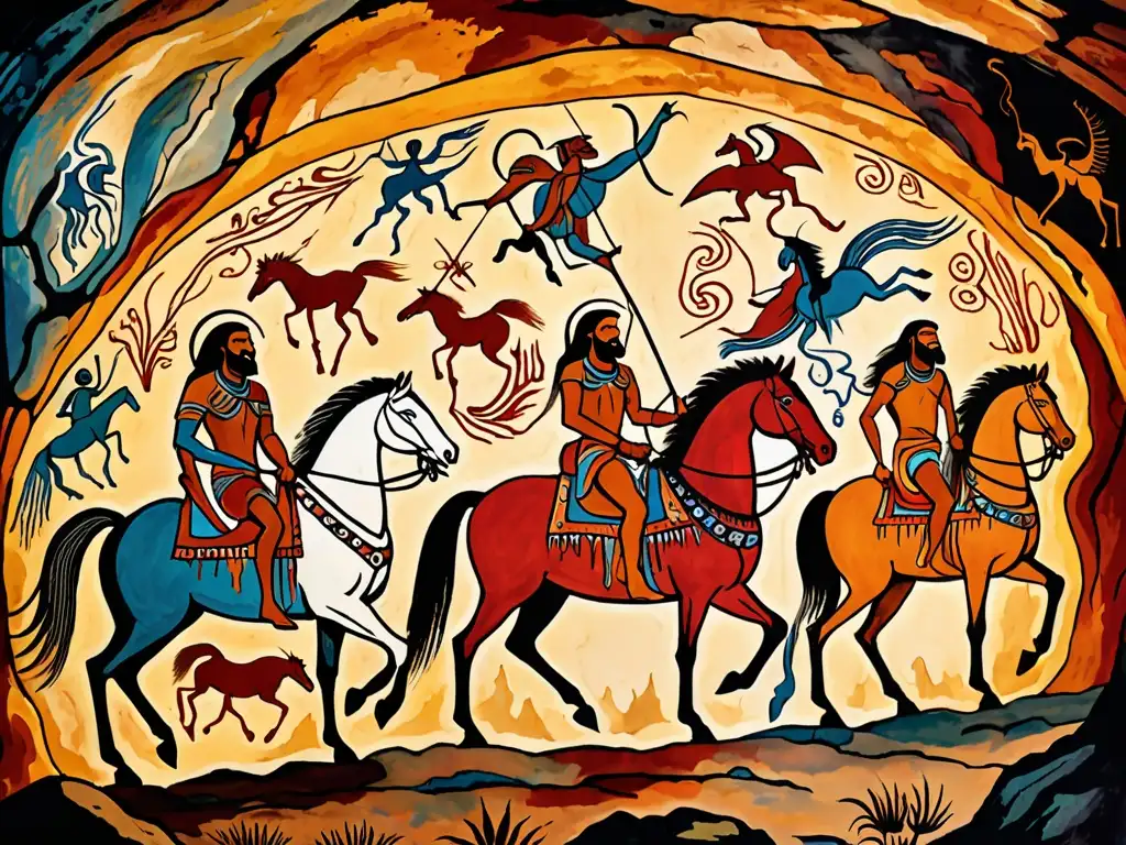 Detallada imagen de antiguas pinturas rupestres representando los Cuatro Jinetes del Apocalipsis, con colores vibrantes y diseños intrincados, en una cueva tenue para evocar misterio y simbolismo antiguo