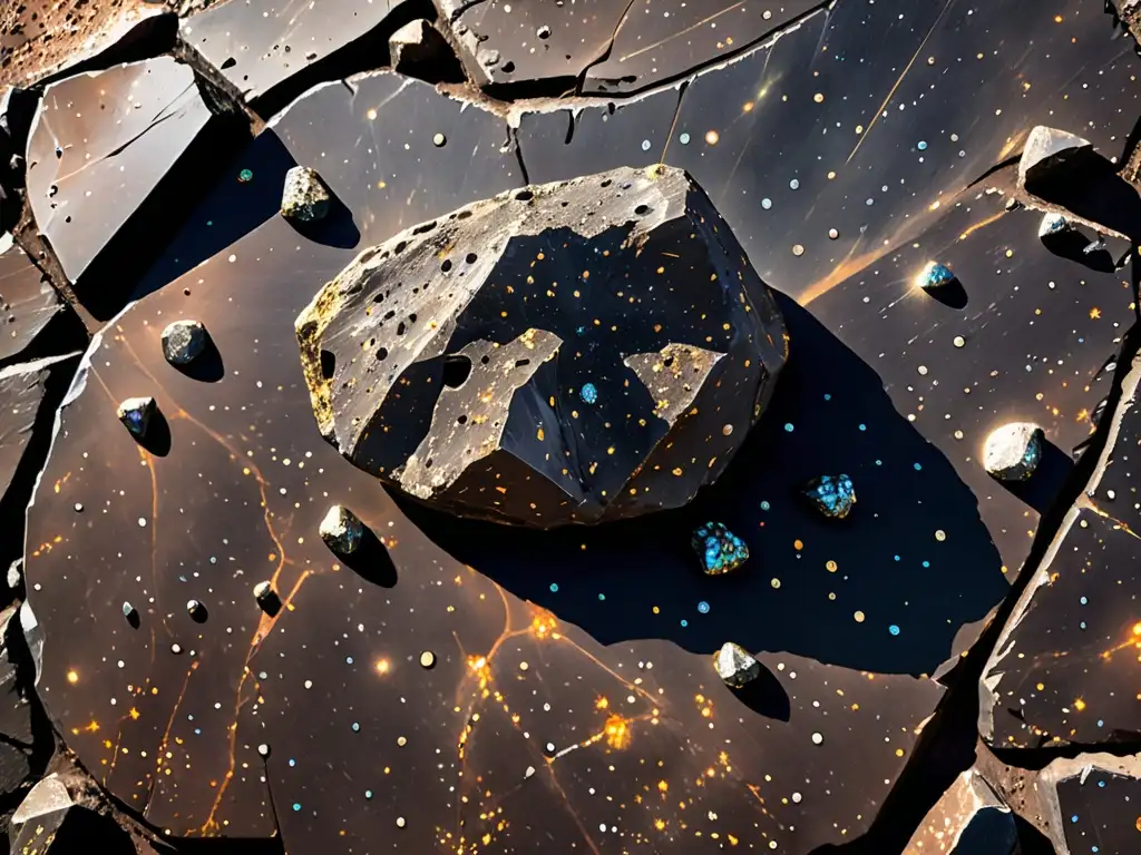 Detallada imagen de un meteorito con brillos metálicos y patrones cristalinos, sobre petroglifos