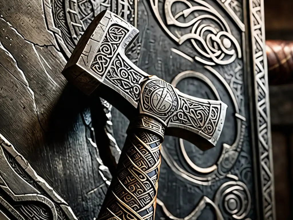 Detallada imagen del Mjolnir de Thor, con engravings y grietas que muestran su antigua historia