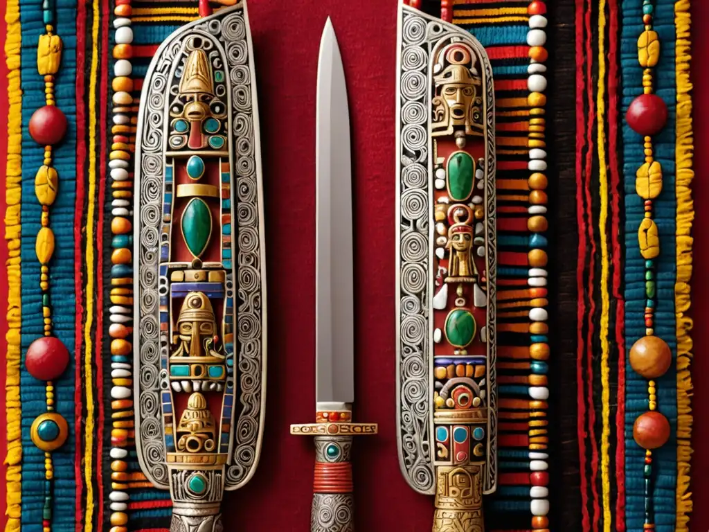 Detallada imagen 8k del poder ceremonial del cuchillo Inca Tumi de oro y plata, con filigranas e intrincados grabados de deidades y símbolos Incas