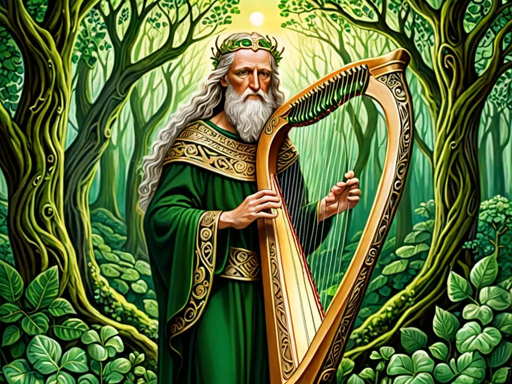 Dagda, el dios celta, con su arpa mágica en el bosque encantado Ilustración detallada del legendario Dagda de la mitología irlandesa, con su mágico arpa, en un bosque exuberante