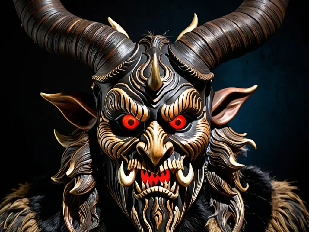 Detallada máscara de Krampusnacht en los Alpes, con tallados intrincados, ojos fieros, cuernos amenazantes y adornos de piel y campanas