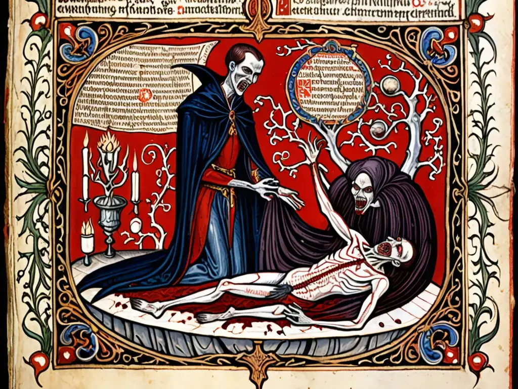 Detallada ilustración medieval del origen y evolución del mito vampírico, con un vampiro aterrador alimentándose de su víctima