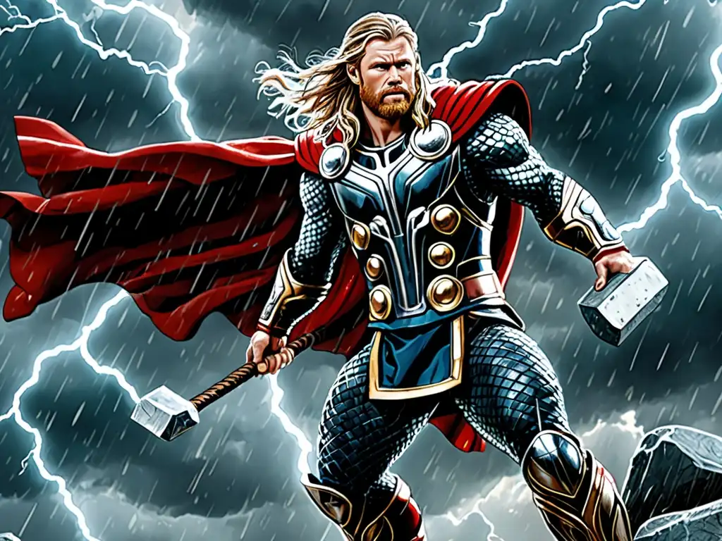 Ilustración detallada de Thor en medio de una feroz batalla, con Mjolnir y armadura nórdica