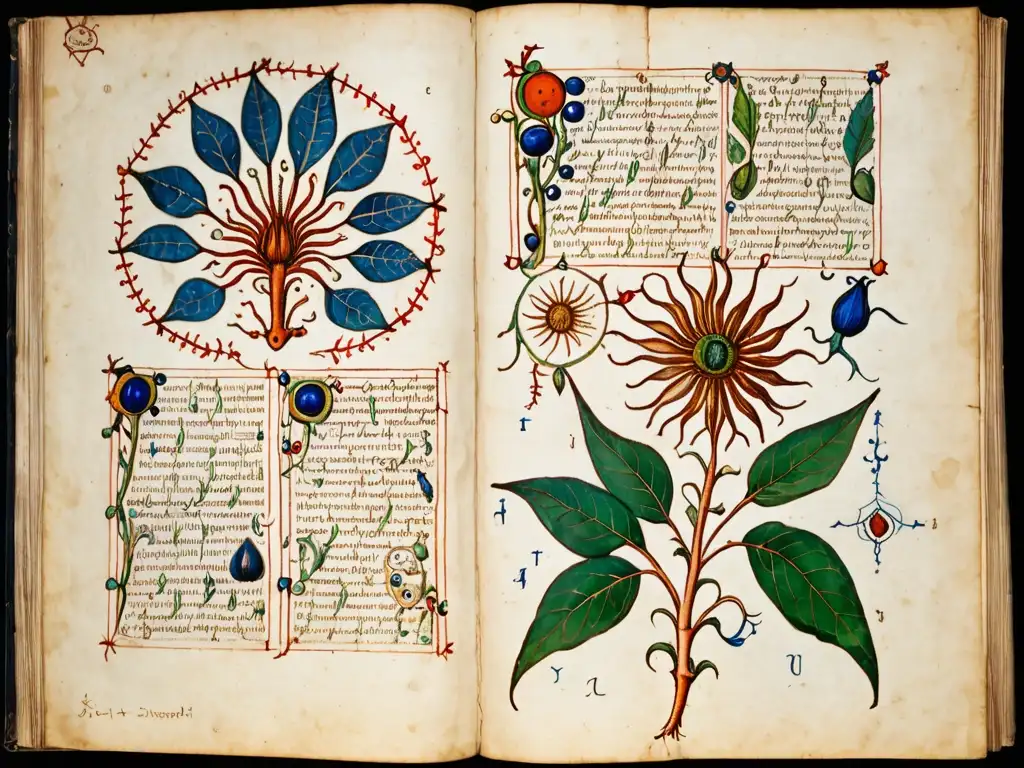 Una fotografía detallada del misterioso libro de hechizos Voynich, con intrincadas ilustraciones botánicas y texto enigmático