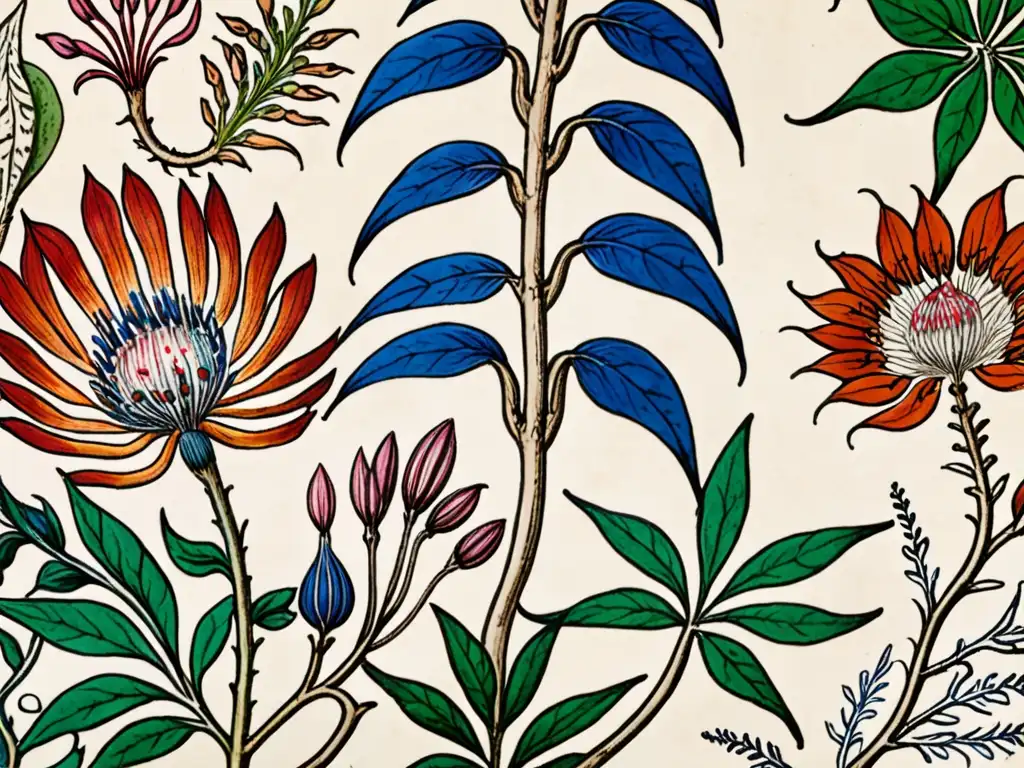 Detallada ilustración botánica del misterioso libro de hechizos Voynich, con plantas desconocidas y colores vibrantes