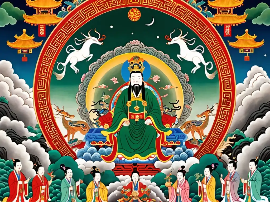 Ilustración detallada de la mitología y cosmología china: el Emperador de Jade en su trono celestial rodeado de seres místicos