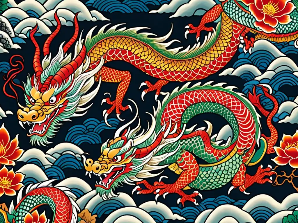 Comparación detallada de la mitología de dragones en Asia, con ilustraciones de dragones chinos y japoneses en paisajes tradicionales