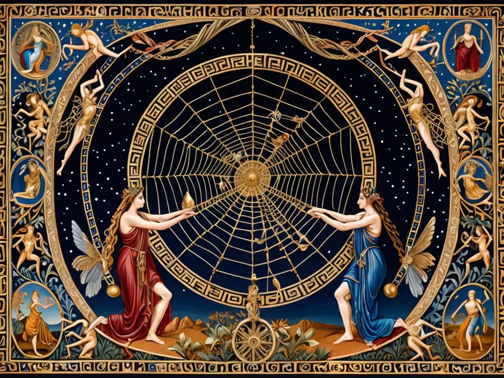 Detallada representación ultraHD de la mitología griega, con la historia de Arachne y Atenea, tejida con maestría