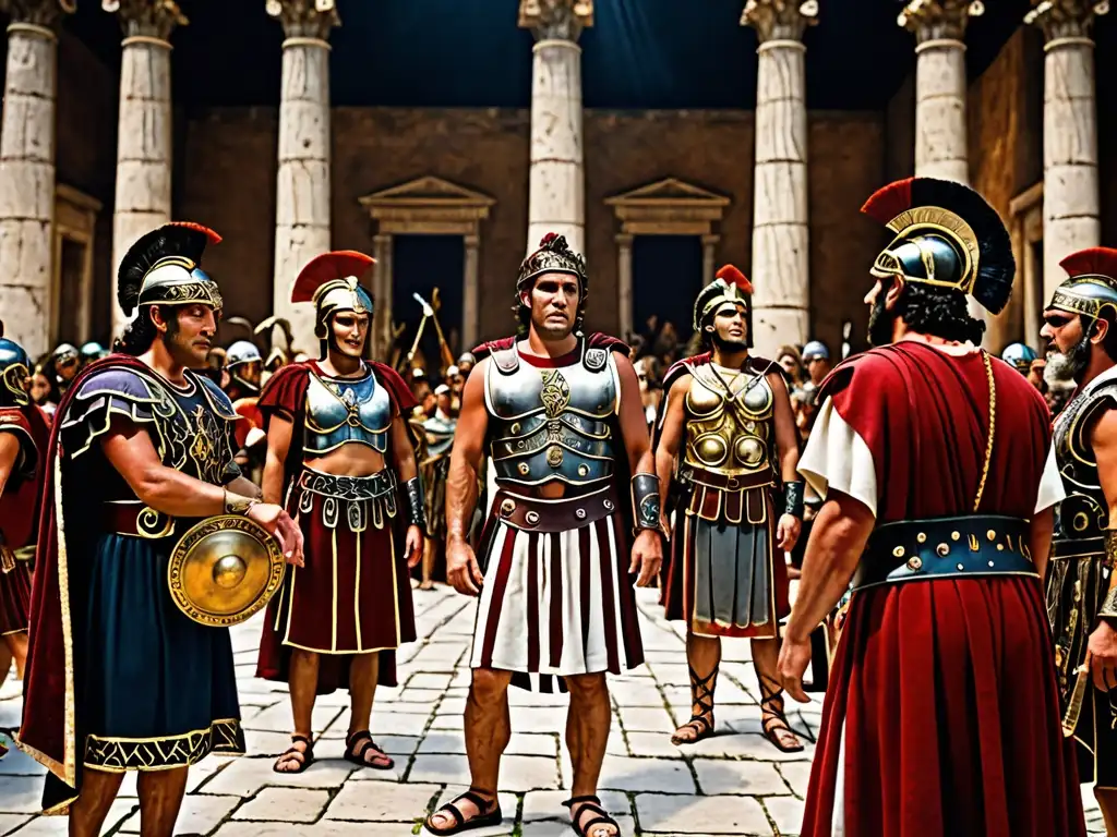 Recreación detallada de la mitología romana en la serie Roma, con actores en vestimenta auténtica, escenografía y dramática iluminación