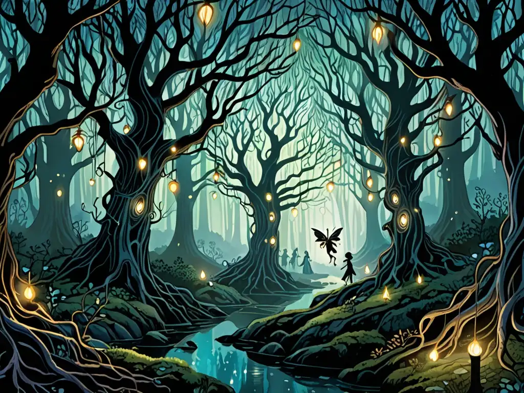 Detallada ilustración de un oscuro y místico bosque con árboles retorcidos, luces de hadas brillantes y una atmósfera de encanto inquietante