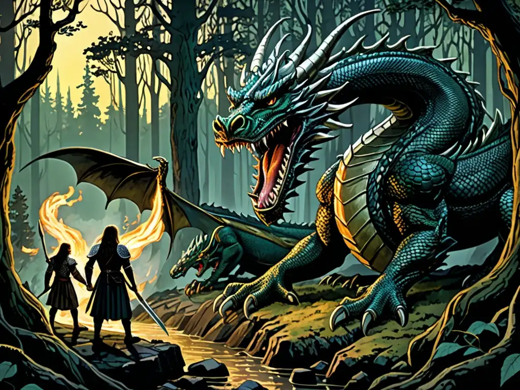 Ilustración detallada de la traición en la Saga Völsunga, con Fafnir traicionando fatalmente a su hermano, el rey Sigmund, en un bosque sombrío