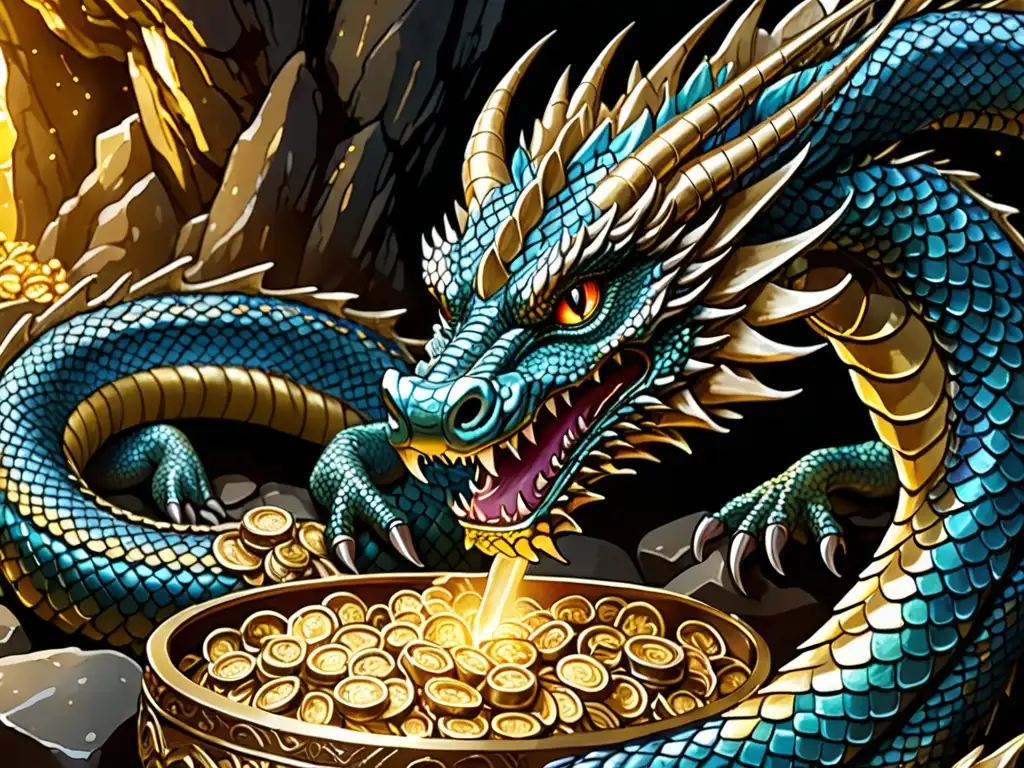 Un ilustración detallada del dragón Fafnir en la Saga Völsunga, rodeando un tesoro con ojos fieros y garras afiladas en una cueva ominosa