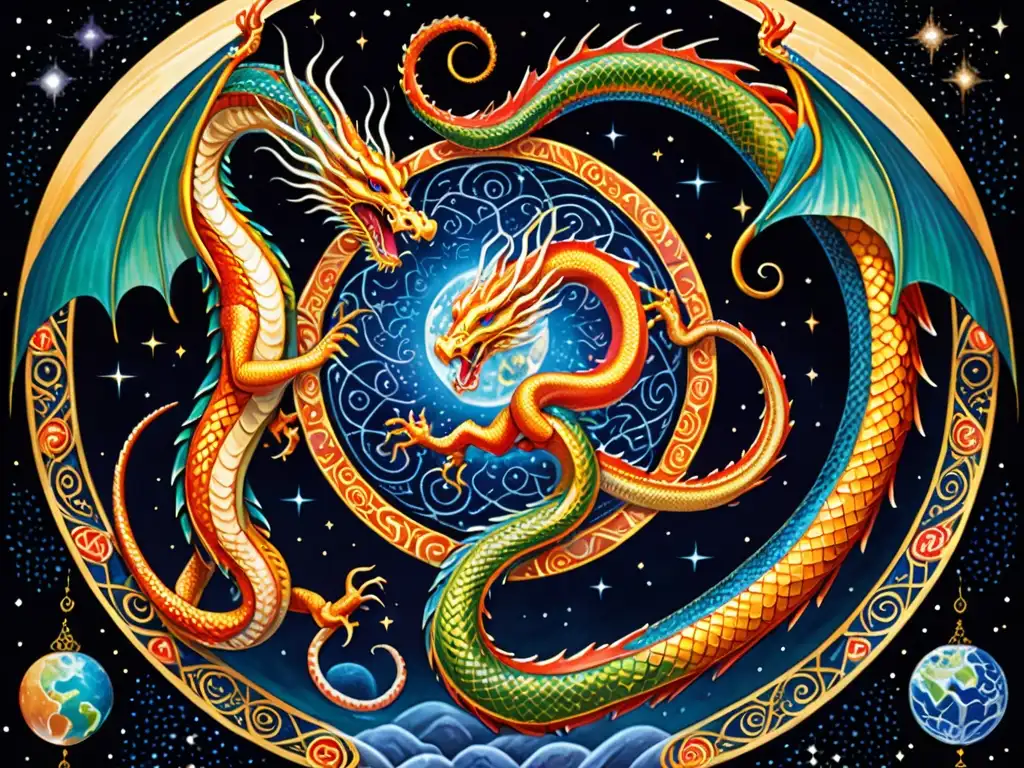 Detallada ilustración de serpiente y dragón cósmicos entrelazados en danza celestial, representando fuerzas de creación en mitologías mundiales