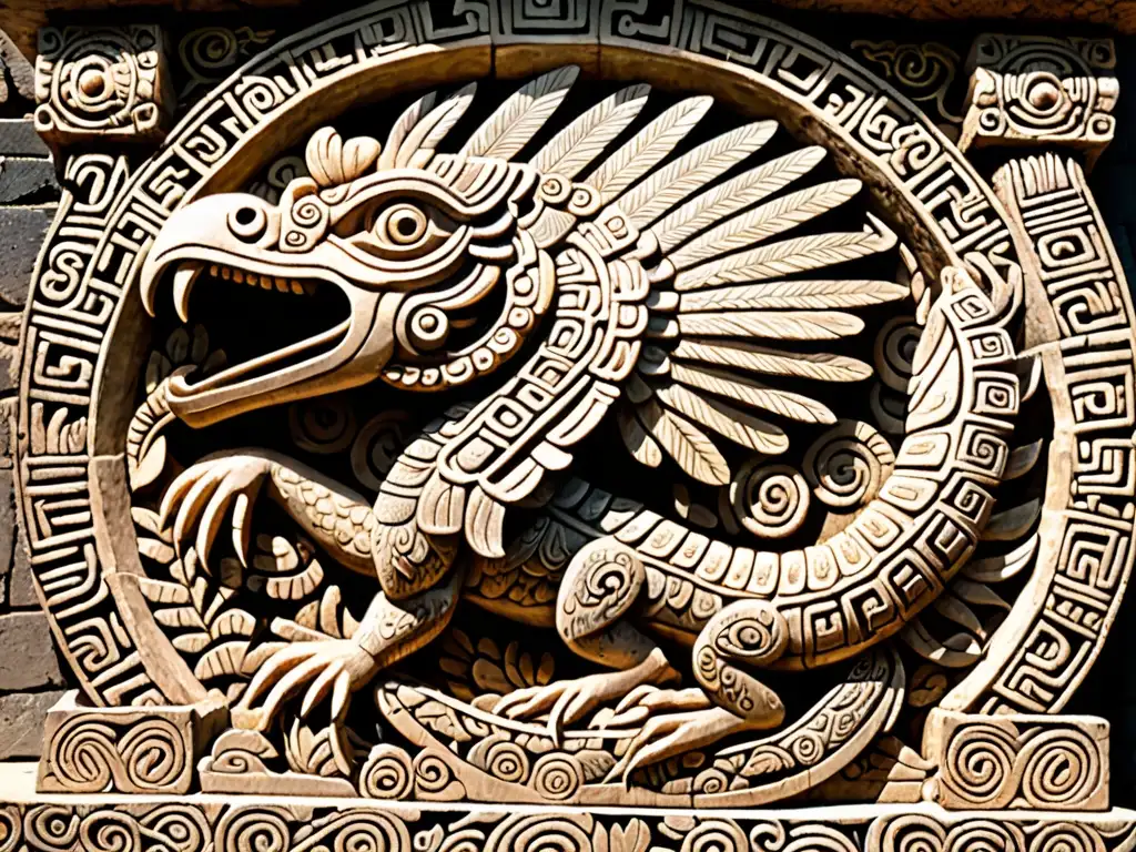 Detallada talla de piedra de Quetzalcóatl, la serpiente emplumada, en ruinas mesoamericanas con sombras dramáticas