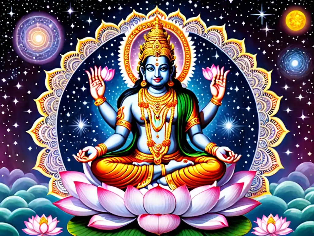 La ilustración detallada del dios hindú Brahma creando el universo desde un loto, rodeado de galaxias y estrellas