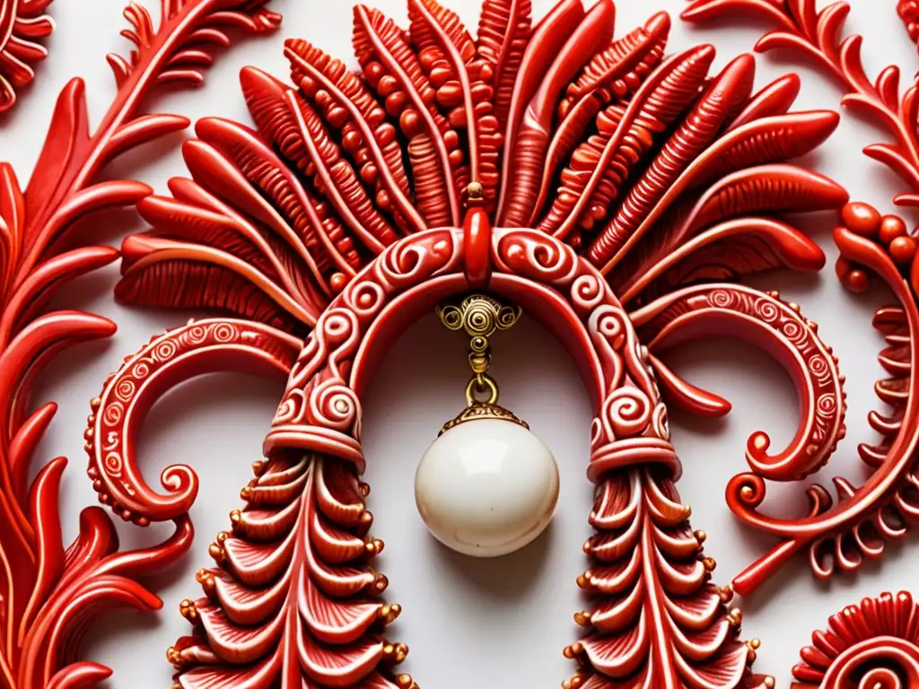 Detallado amuleto Cornicello italiano de coral rojo, con símbolos protectores y ojo maligno, contrastando con fondo blanco