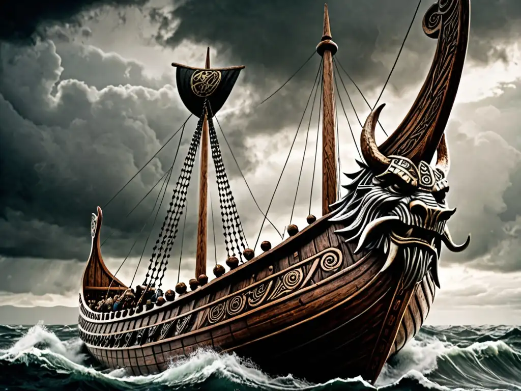 Un detallado closeup de un drakkar vikingo navegando en mares turbulentos, con nubes de tormenta