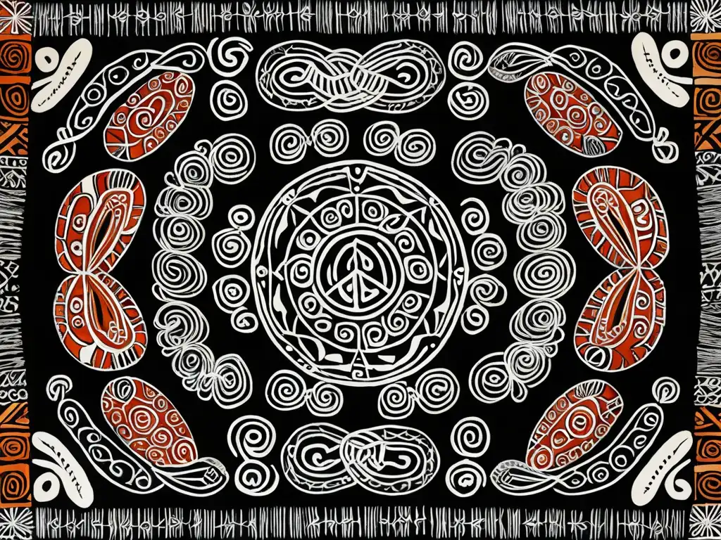 Detallado tapa cloth Oceanía, mitología de resolución de conflictos y narrativa cultural en vibrantes colores y diseño
