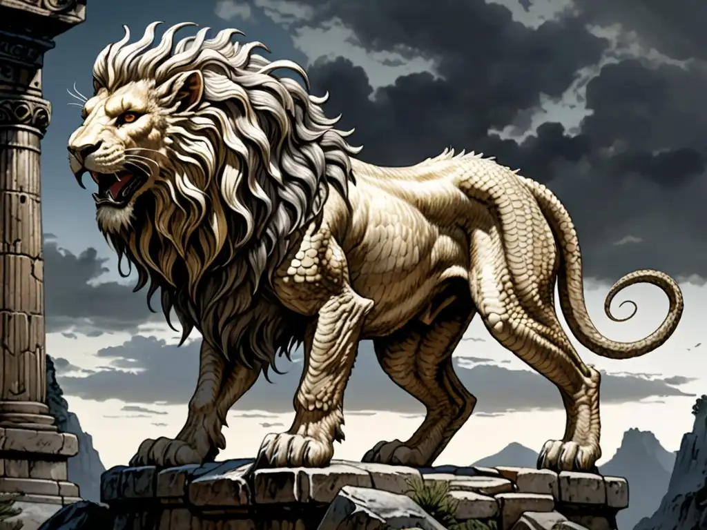 Detallado dibujo de la quimera de Dragon's Dogma, con cuerpo de león, cabeza de cabra y cola de serpiente
