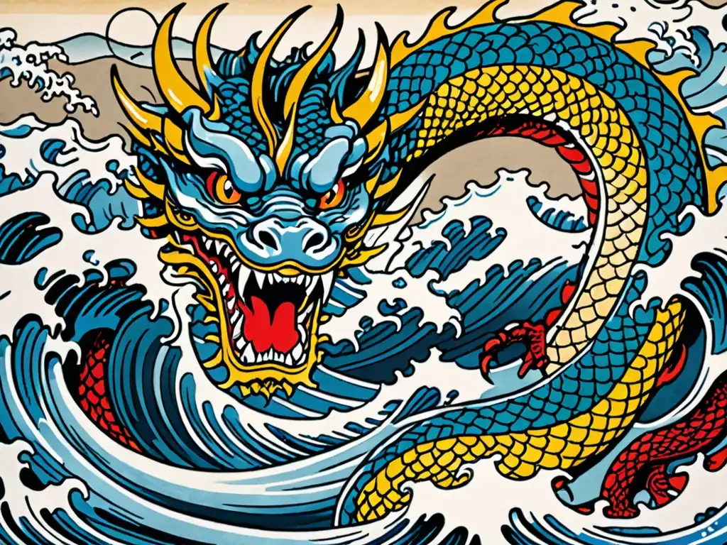 Detallado grabado japonés de un poderoso dragón emergiendo del mar, evocando la majestuosidad de las deidades acuáticas dragones japoneses