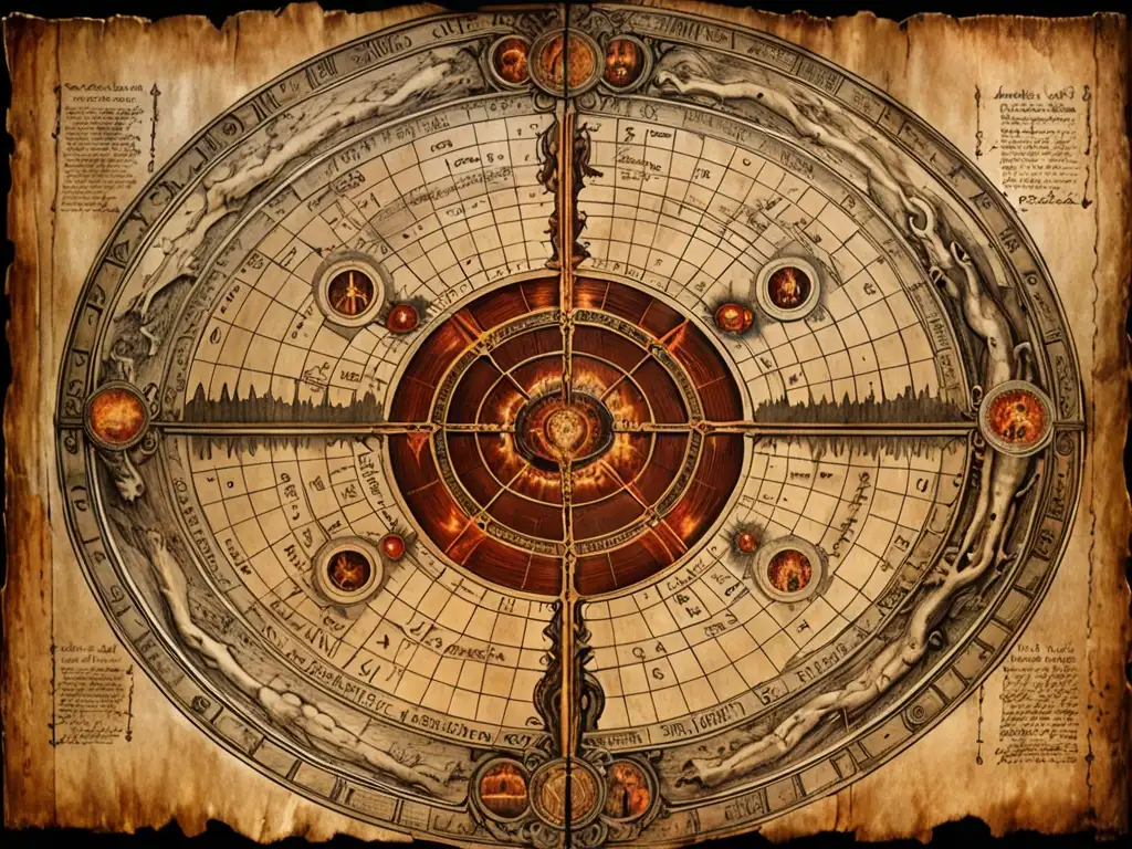 Detallado mapa antiguo de los círculos del Infierno de Dante, sobre mesa de madera en cálida luz, evocando misterio