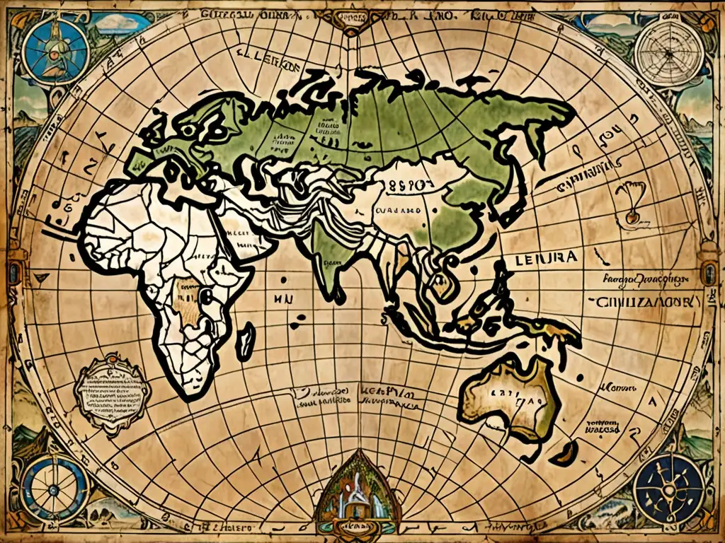 Detallado mapa antiguo en 8k de Mu y Lemuria, rodeado de artefactos y reliquias, evocando misterio y mitos sobre el colapso de Mu y Lemuria